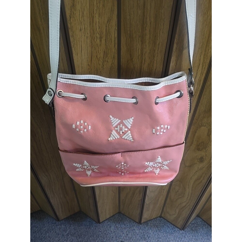 Patricia Nash Brindisi Leather Bucket Bag Pink Aztec Lacing Cinch Crossbody - Picture 9 of 16